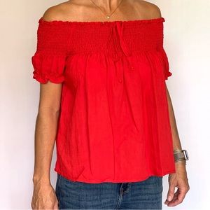 Blush off the shoulder peasant blouse